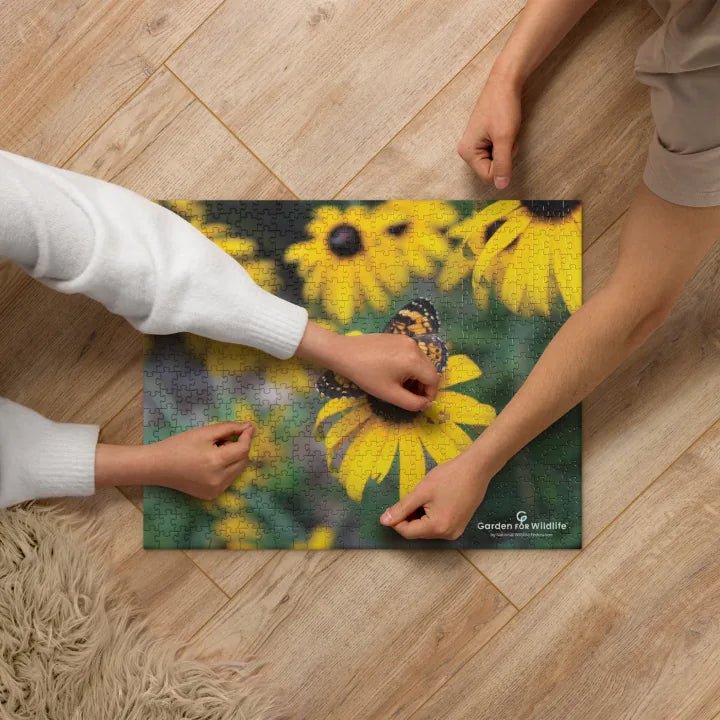 Garden for Wildlife Jigsaw Puzzle - Pearl Crescent Butterfly on Black-Eyed Susan Merch - Garden for Wildlife