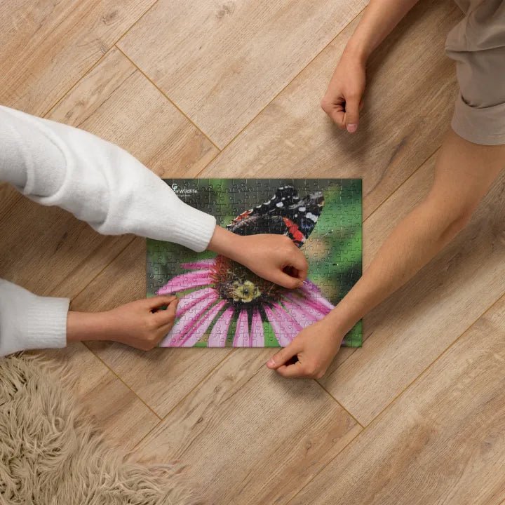 Garden for Wildlife Jigsaw Puzzle - Red Admiral Butterfly and Bee on Purple Coneflower Merch - Garden for Wildlife